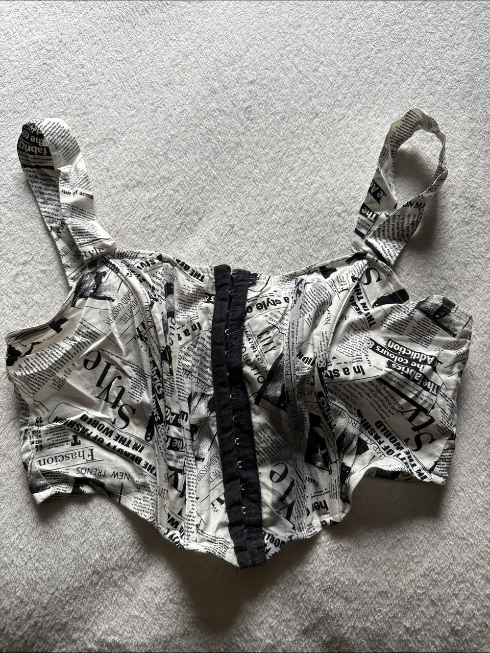 Newspaper Print Bustier Crop Top in Black & White